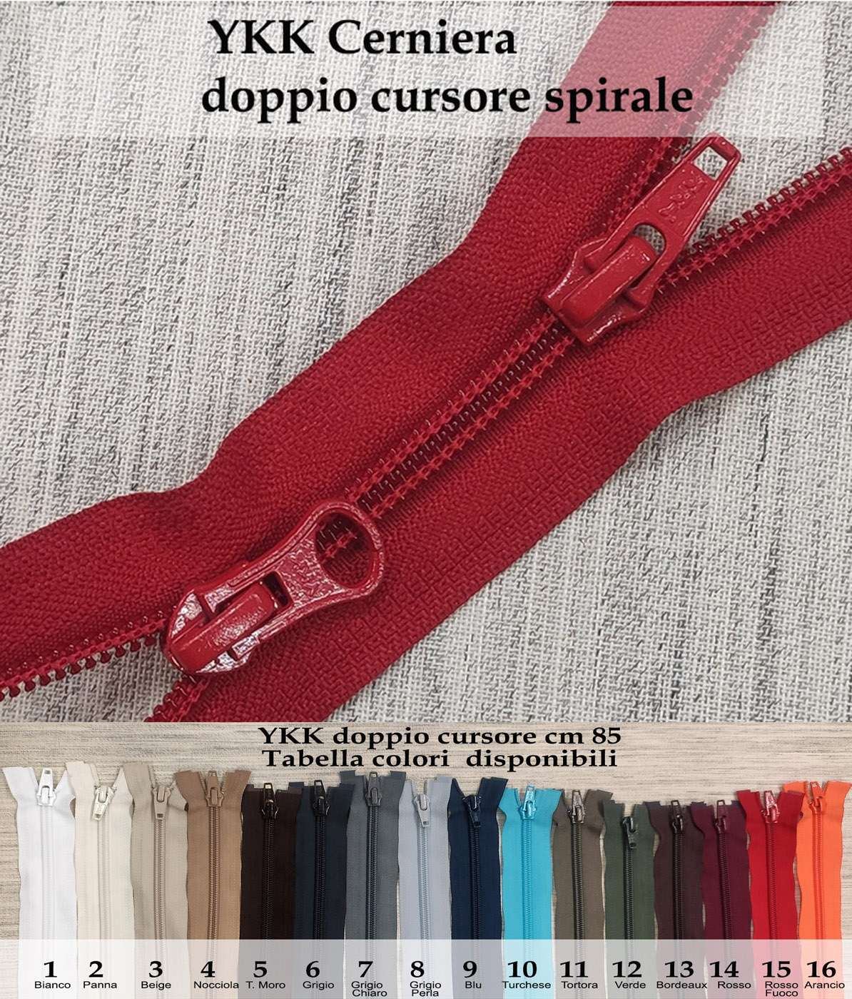 YKK zip doppio cursore spirale cm. 85