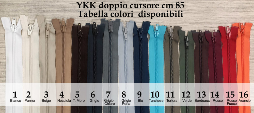 Tabella colori disponibili YKK zip doppio cursore spirale cm. 85
